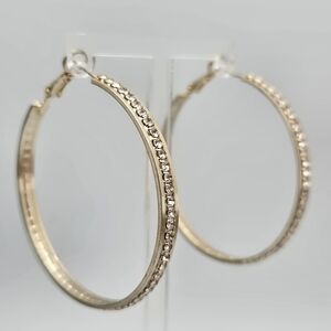 925 Sterling Silver Gold Pave Hoop Earrings 1.75" Wedding Bridal